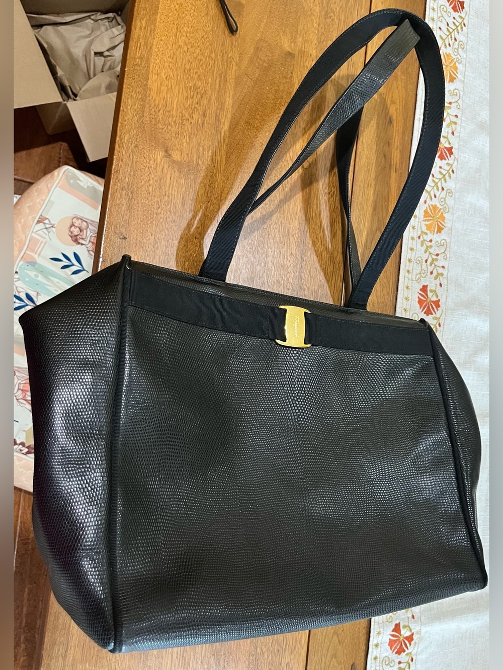 Salvatore Ferragamo Black Leather Shoulder Bag with Gold Logo
